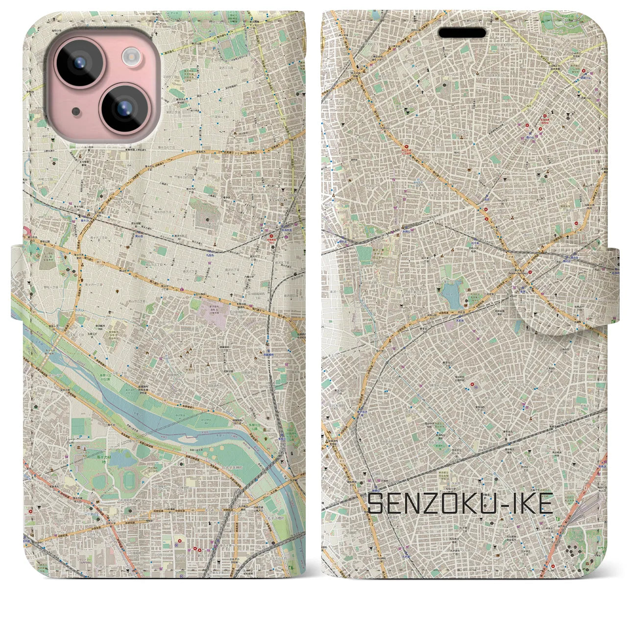 【洗足池(東京都)】地図柄iPhoneケース(手帳タイプ)ナチュラル・iPhone 15 Plus 用