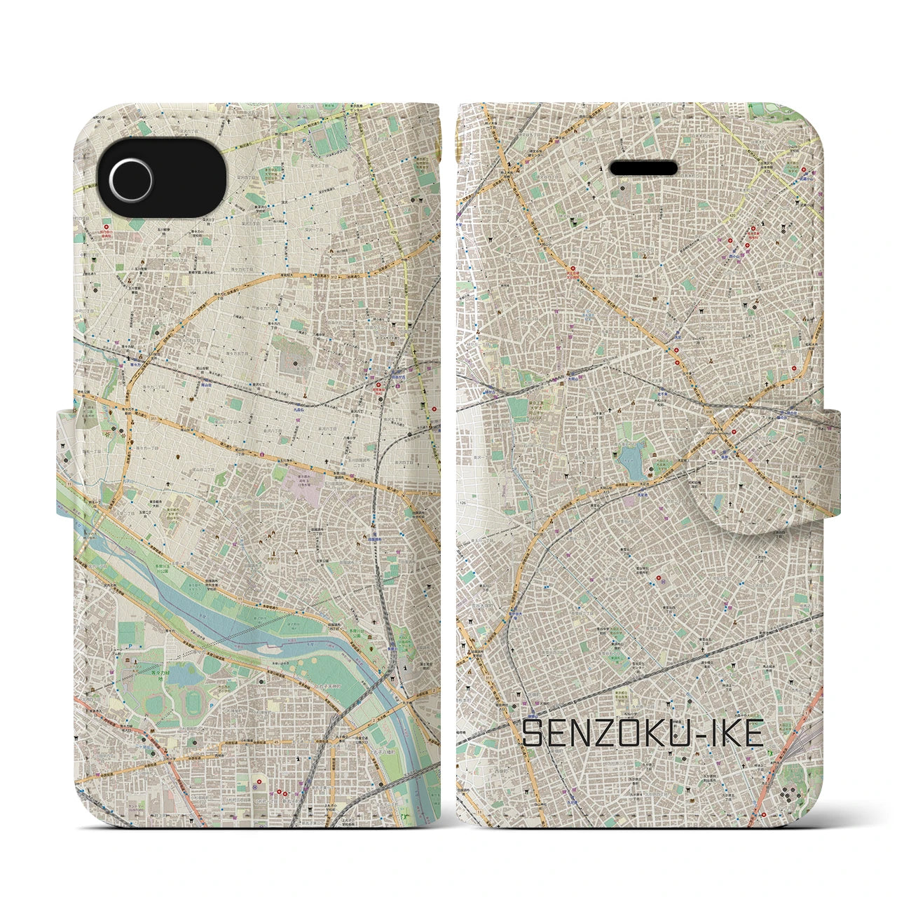 【洗足池(東京都)】地図柄iPhoneケース(手帳タイプ)ナチュラル・iPhone SE(第3 / 第2世代) / 8 / 7 / 6s / 6 用