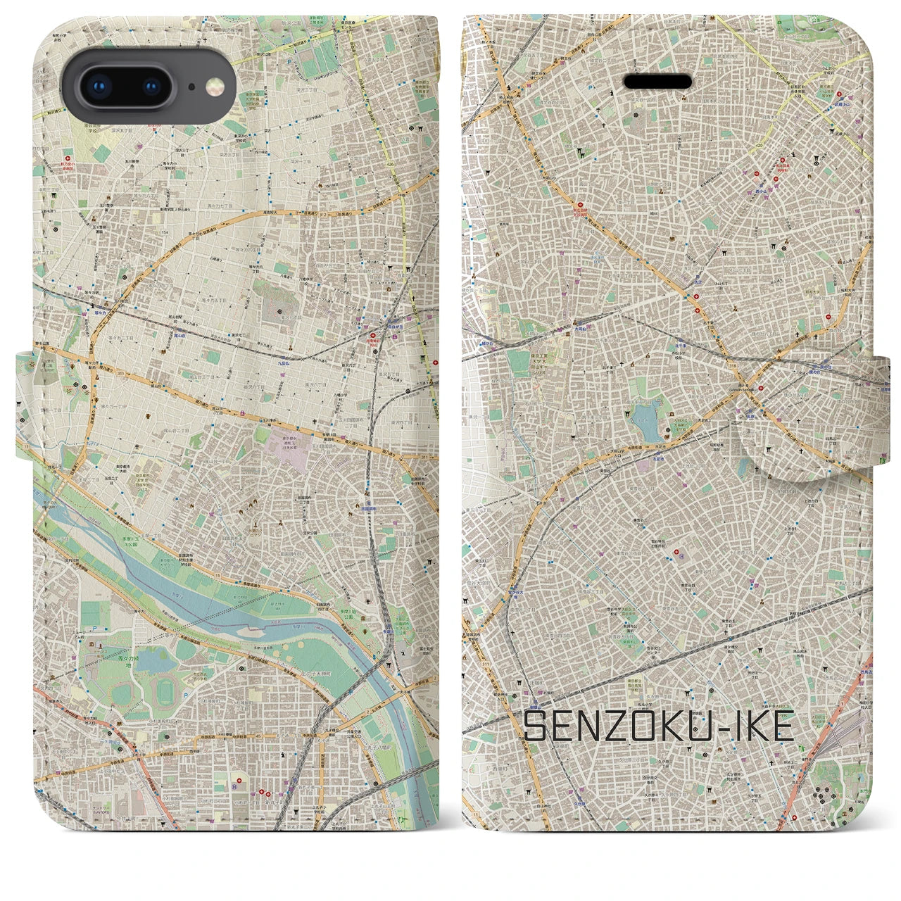 【洗足池(東京都)】地図柄iPhoneケース(手帳タイプ)ナチュラル・iPhone 8Plus /7Plus / 6sPlus / 6Plus 用