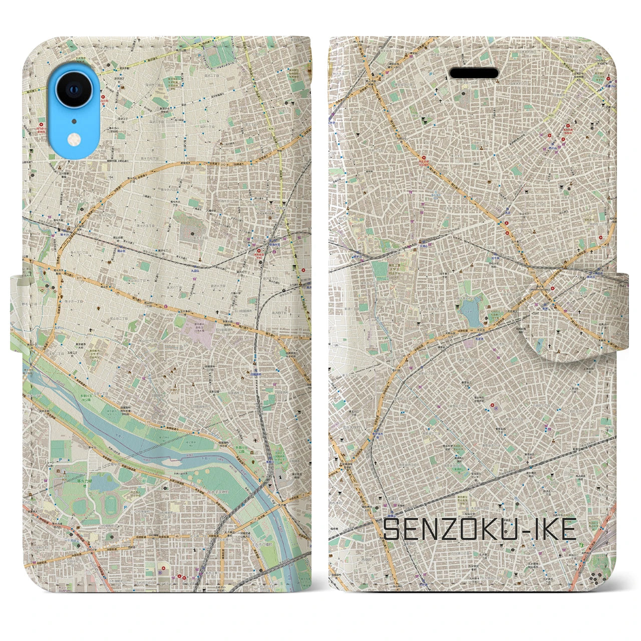 【洗足池(東京都)】地図柄iPhoneケース(手帳タイプ)ナチュラル・iPhone XR 用