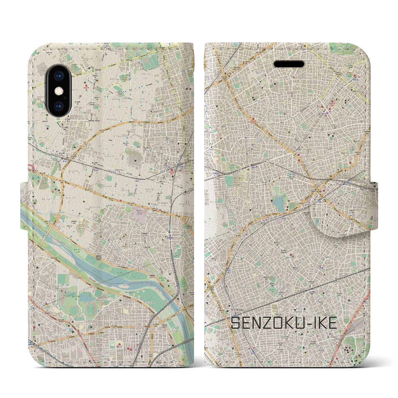 【洗足池(東京都)】地図柄iPhoneケース(手帳タイプ)ナチュラル・iPhone XS / X 用