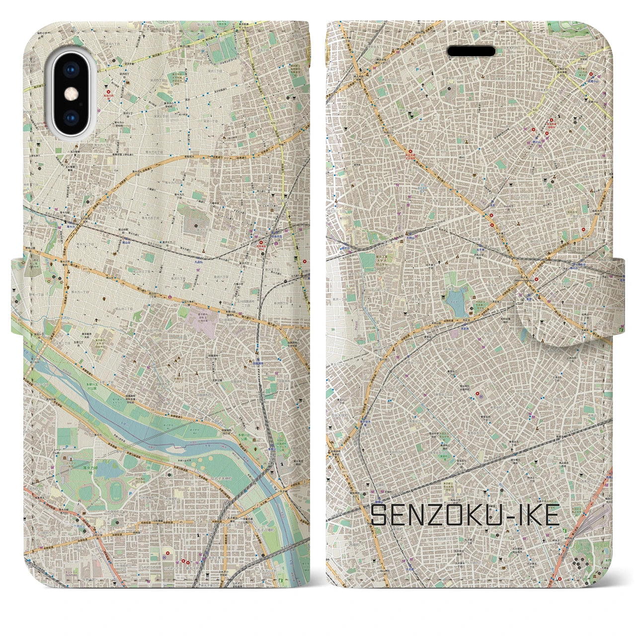 【洗足池(東京都)】地図柄iPhoneケース(手帳タイプ)ナチュラル・iPhone XS Max 用