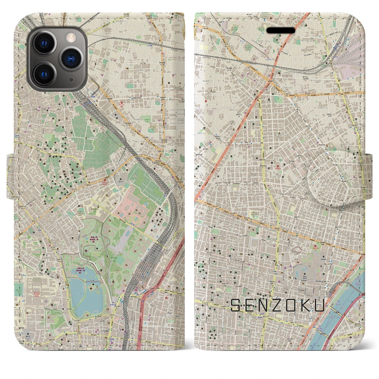 【千束(東京都)】地図柄iPhoneケース(手帳タイプ)ナチュラル・iPhone 11 Pro Max 用