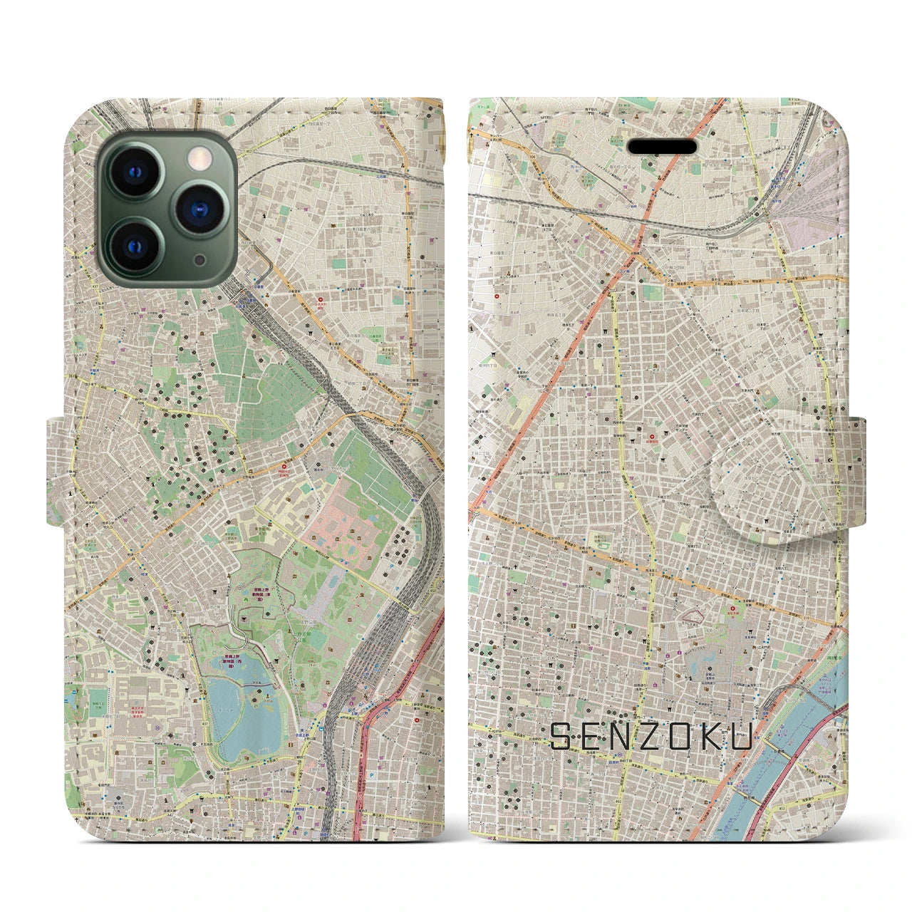 【千束(東京都)】地図柄iPhoneケース(手帳タイプ)ナチュラル・iPhone 11 Pro 用