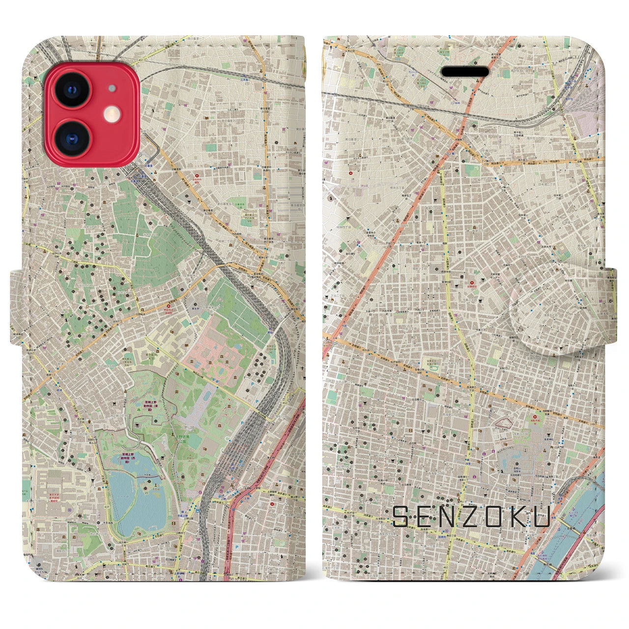 【千束(東京都)】地図柄iPhoneケース(手帳タイプ)ナチュラル・iPhone 11 用