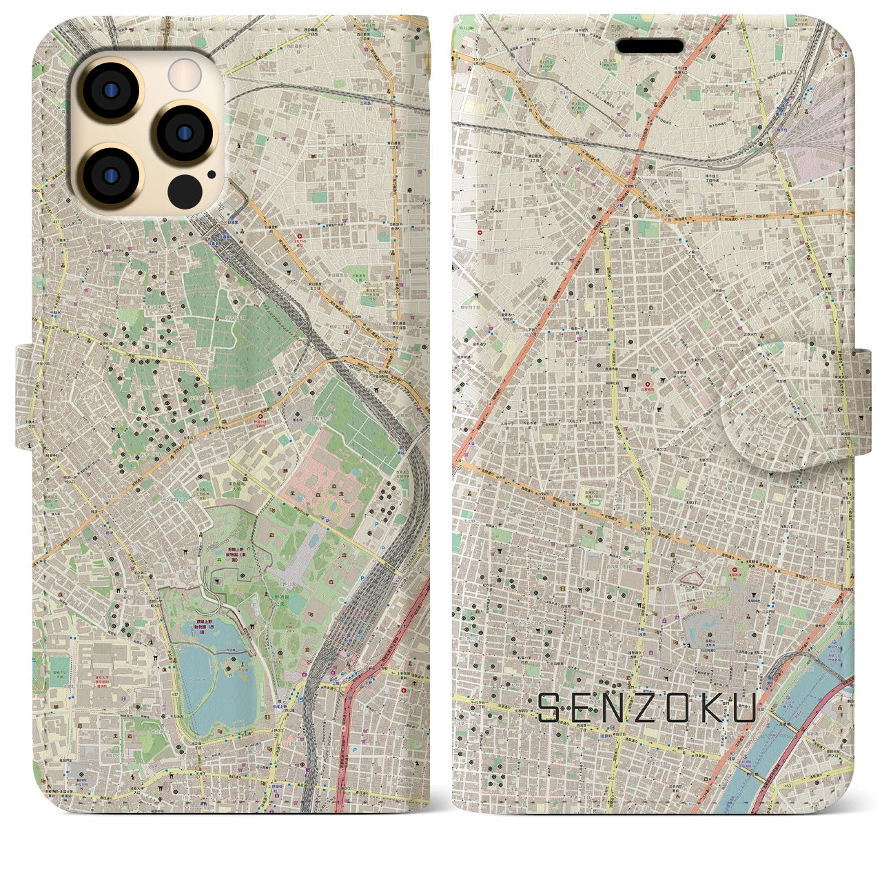 【千束(東京都)】地図柄iPhoneケース(手帳タイプ)ナチュラル・iPhone 12 Pro Max 用