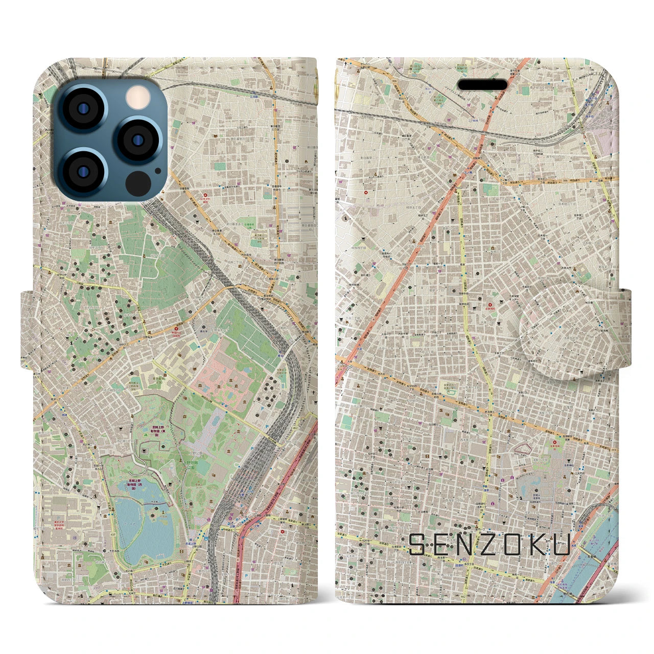 【千束(東京都)】地図柄iPhoneケース(手帳タイプ)ナチュラル・iPhone 12 / 12 Pro 用