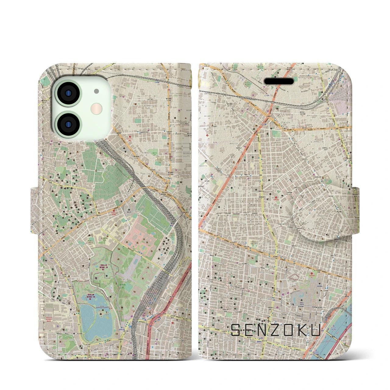 【千束(東京都)】地図柄iPhoneケース(手帳タイプ)ナチュラル・iPhone 12 mini 用