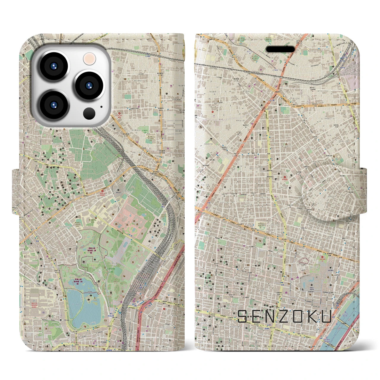 【千束(東京都)】地図柄iPhoneケース(手帳タイプ)ナチュラル・iPhone 13 Pro 用