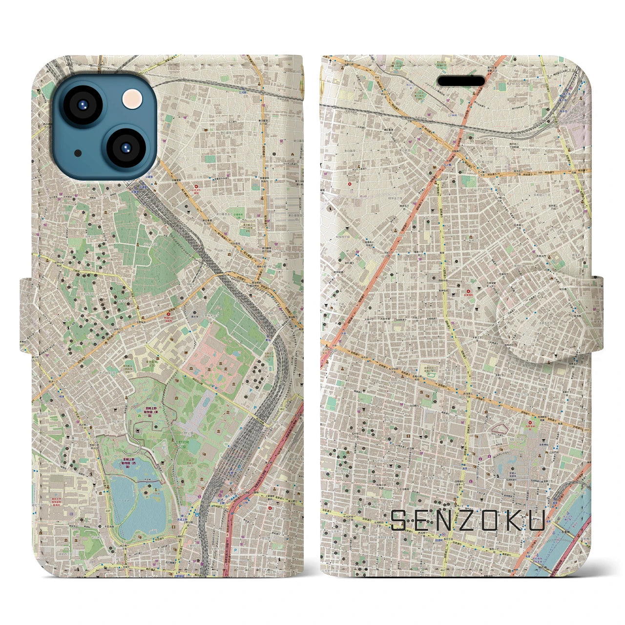 【千束(東京都)】地図柄iPhoneケース(手帳タイプ)ナチュラル・iPhone 13 用