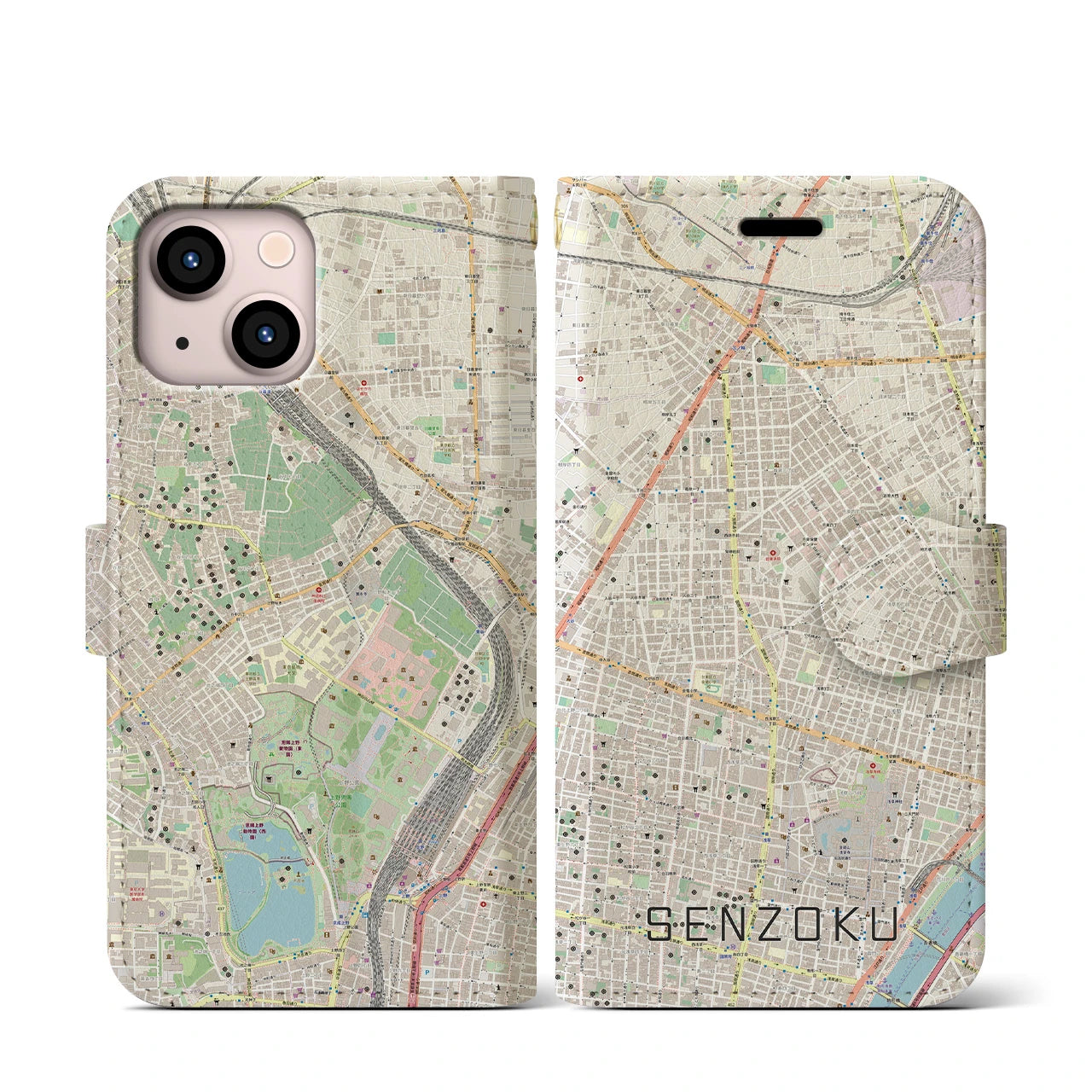 【千束(東京都)】地図柄iPhoneケース(手帳タイプ)ナチュラル・iPhone 13 mini 用