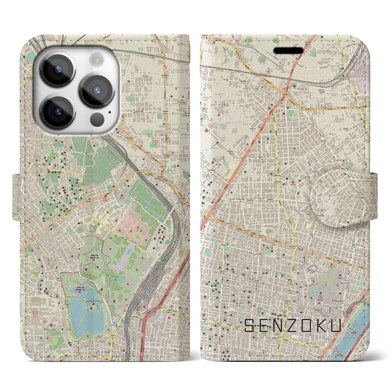 【千束(東京都)】地図柄iPhoneケース(手帳タイプ)ナチュラル・iPhone 14 Pro 用
