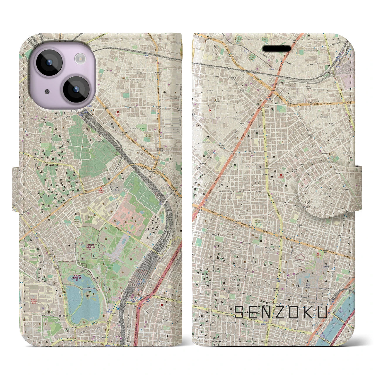 【千束(東京都)】地図柄iPhoneケース(手帳タイプ)ナチュラル・iPhone 14 用