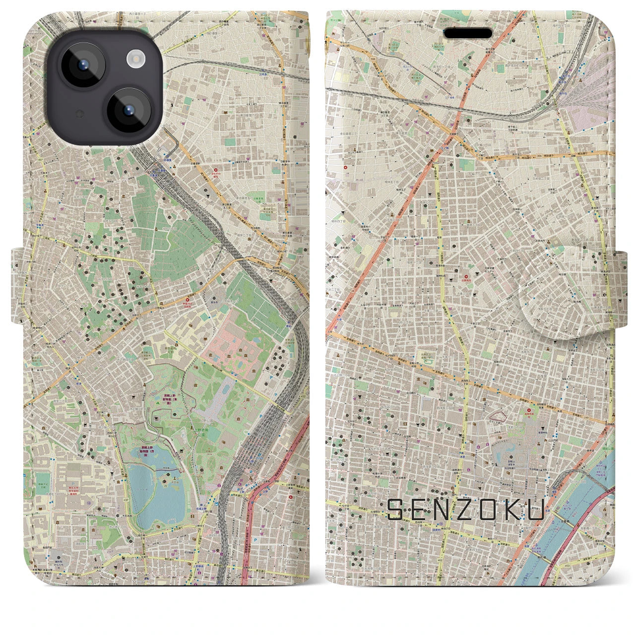 【千束(東京都)】地図柄iPhoneケース(手帳タイプ)ナチュラル・iPhone 14 Plus 用