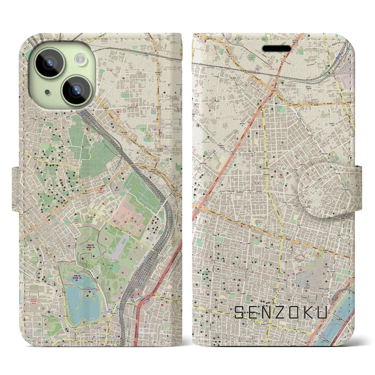 【千束(東京都)】地図柄iPhoneケース(手帳タイプ)ナチュラル・iPhone 15 用