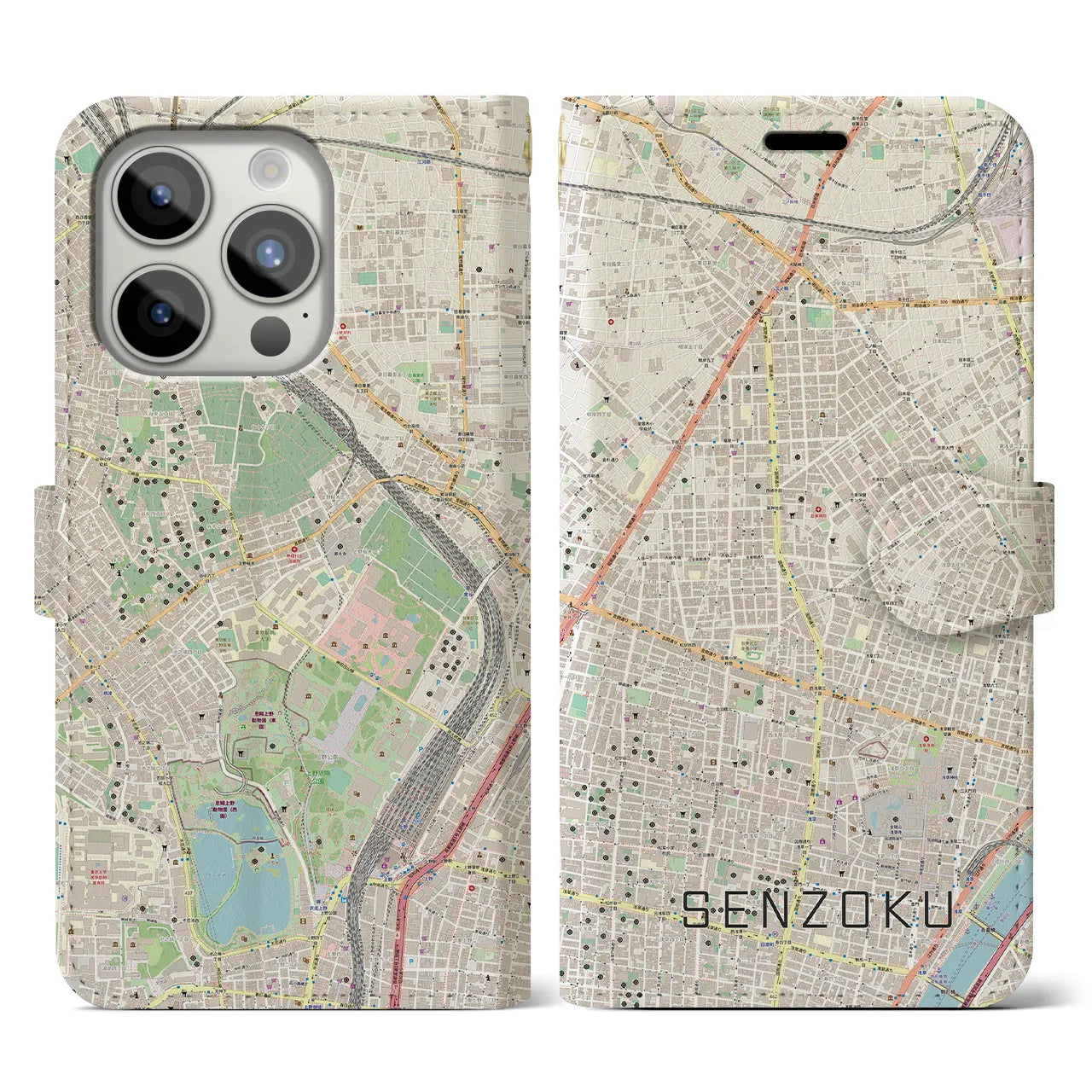 【千束(東京都)】地図柄iPhoneケース(手帳タイプ)ナチュラル・iPhone 15 Pro 用