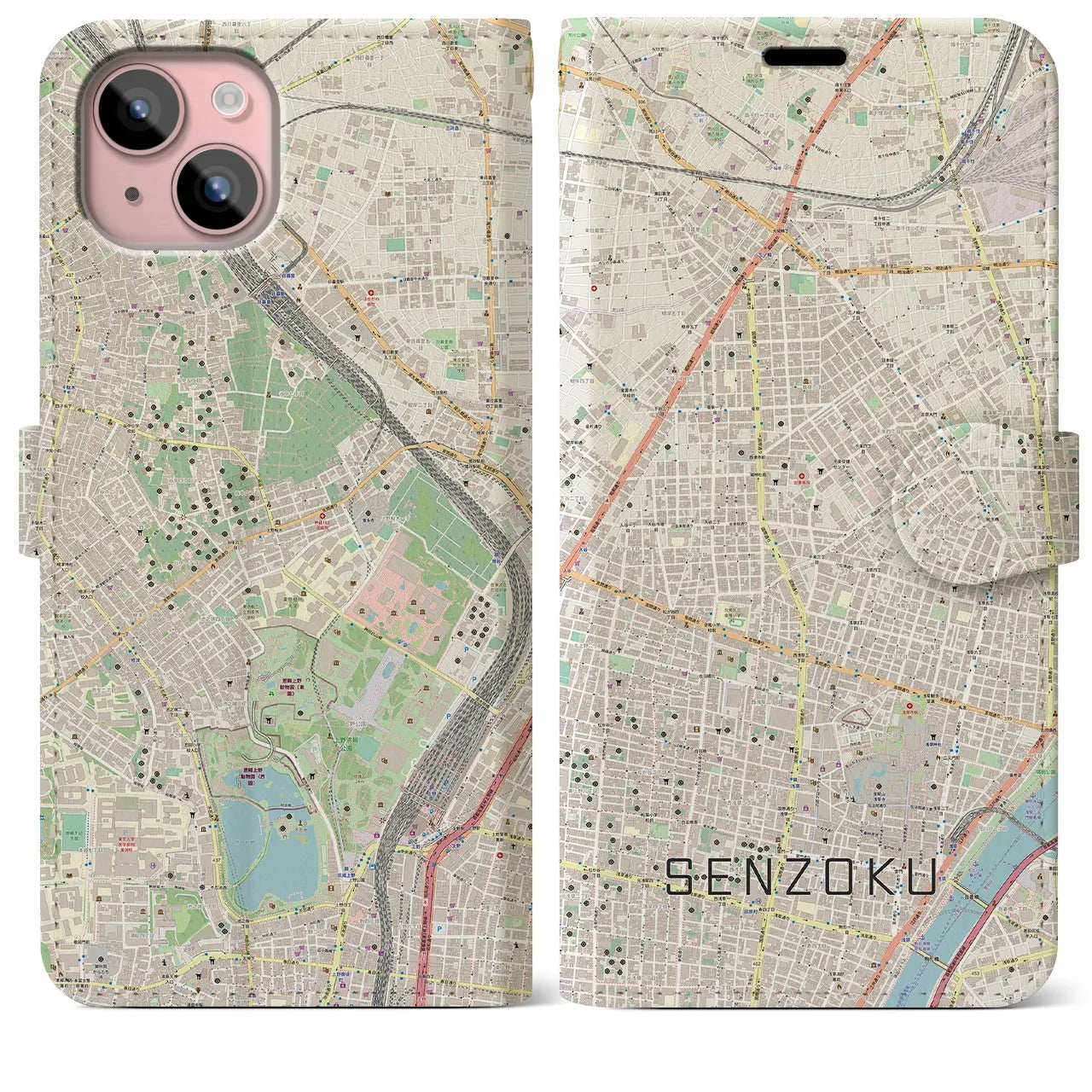 【千束(東京都)】地図柄iPhoneケース(手帳タイプ)ナチュラル・iPhone 15 Plus 用