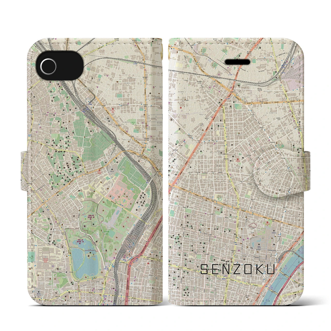 【千束(東京都)】地図柄iPhoneケース(手帳タイプ)ナチュラル・iPhone SE(第3 / 第2世代) / 8 / 7 / 6s / 6 用