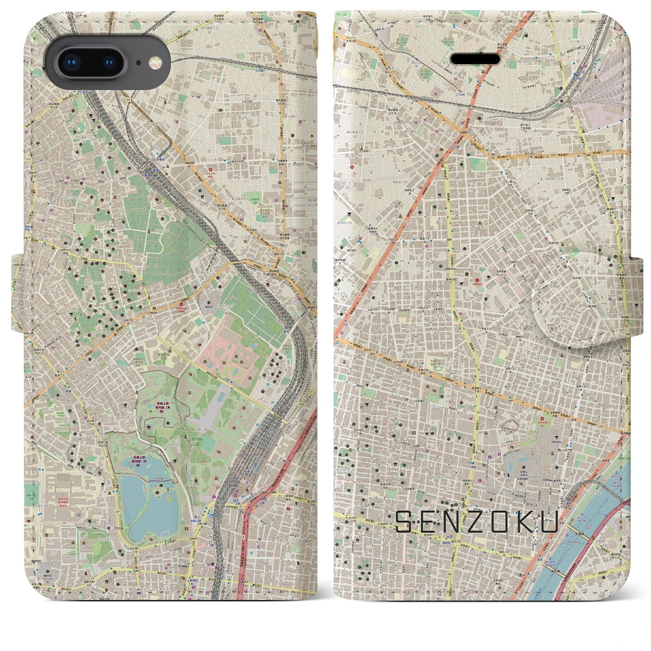 【千束(東京都)】地図柄iPhoneケース(手帳タイプ)ナチュラル・iPhone 8Plus /7Plus / 6sPlus / 6Plus 用