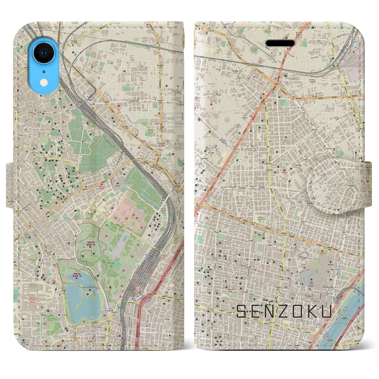 【千束(東京都)】地図柄iPhoneケース(手帳タイプ)ナチュラル・iPhone XR 用