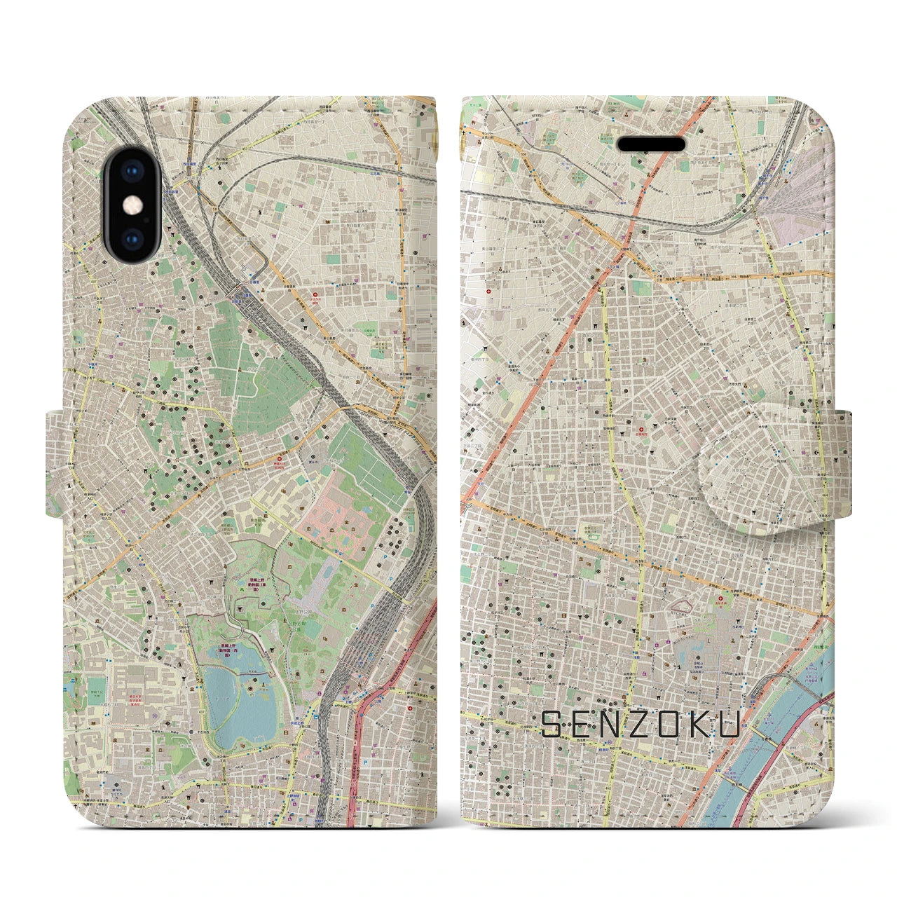 【千束(東京都)】地図柄iPhoneケース(手帳タイプ)ナチュラル・iPhone XS / X 用