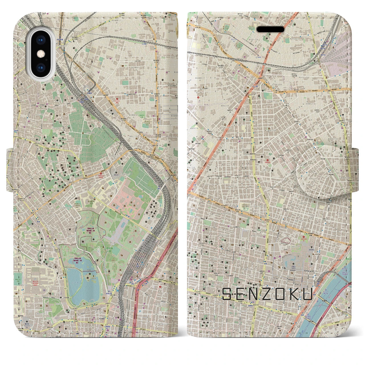 【千束(東京都)】地図柄iPhoneケース(手帳タイプ)ナチュラル・iPhone XS Max 用
