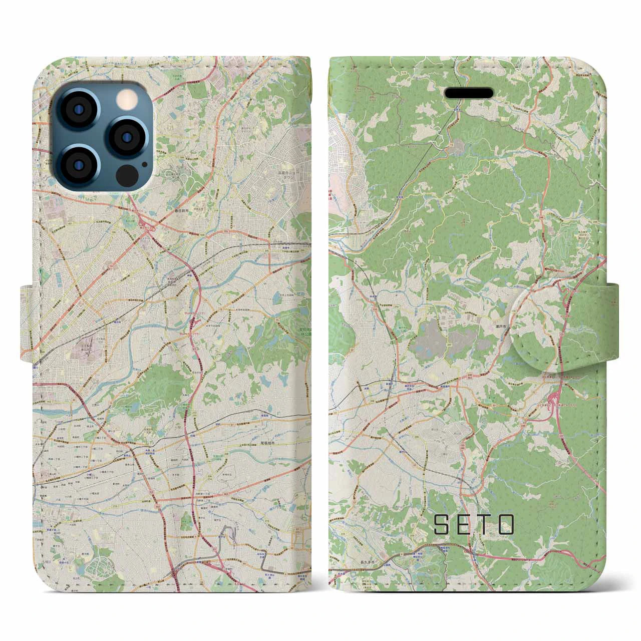【瀬戸(愛知県)】地図柄iPhoneケース(手帳タイプ)ナチュラル・iPhone 12 / 12 Pro 用