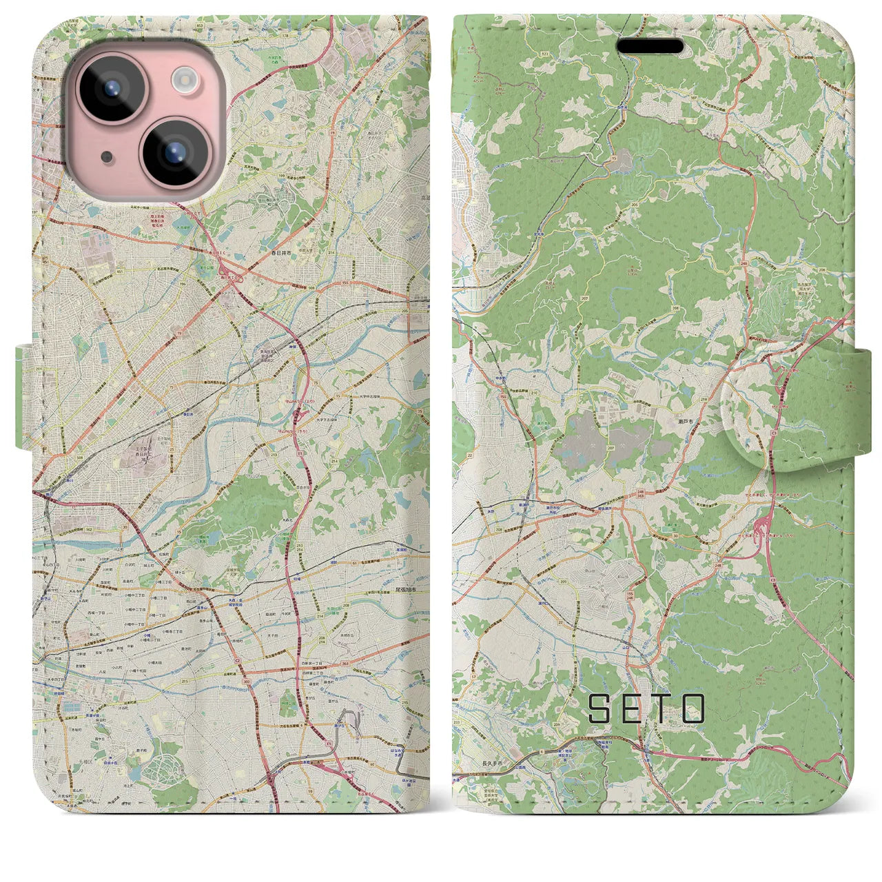 【瀬戸(愛知県)】地図柄iPhoneケース(手帳タイプ)ナチュラル・iPhone 15 Plus 用
