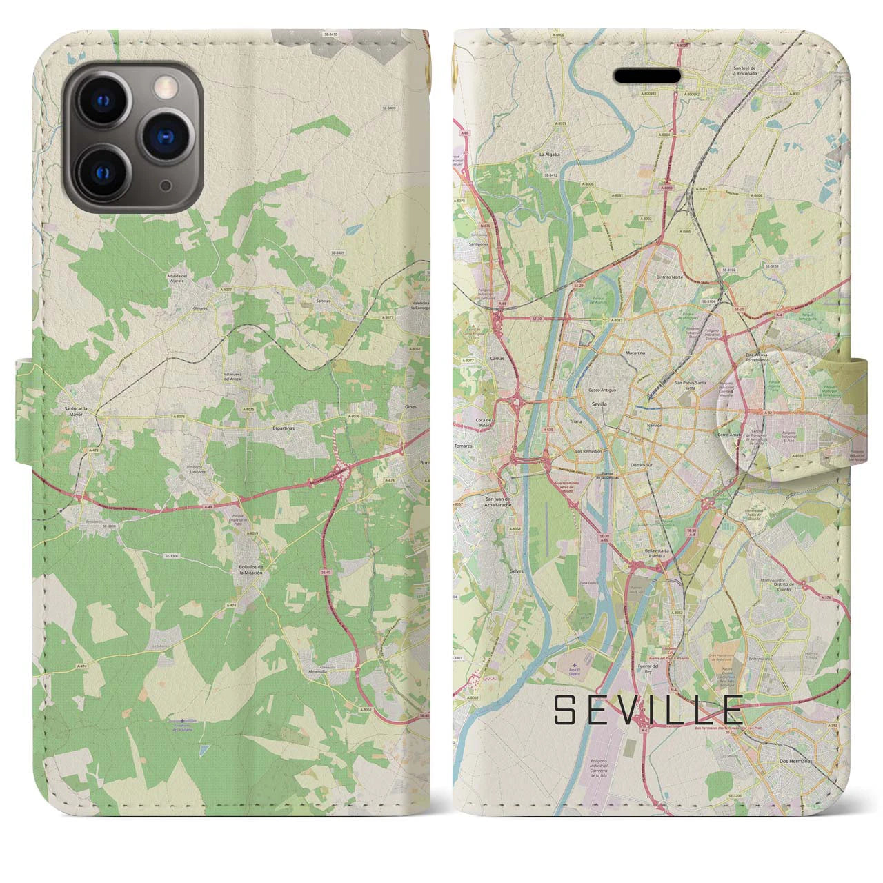 【セビリア(スペイン)】地図柄iPhoneケース(手帳タイプ)ナチュラル・iPhone 11 Pro Max 用