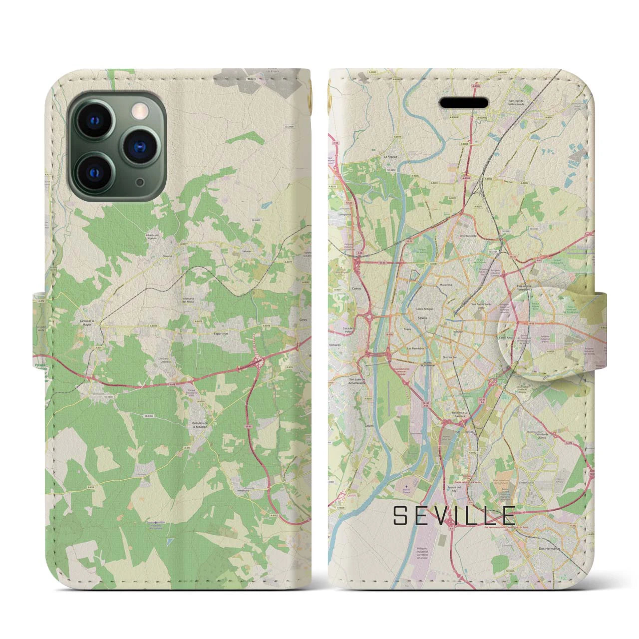 【セビリア(スペイン)】地図柄iPhoneケース(手帳タイプ)ナチュラル・iPhone 11 Pro 用