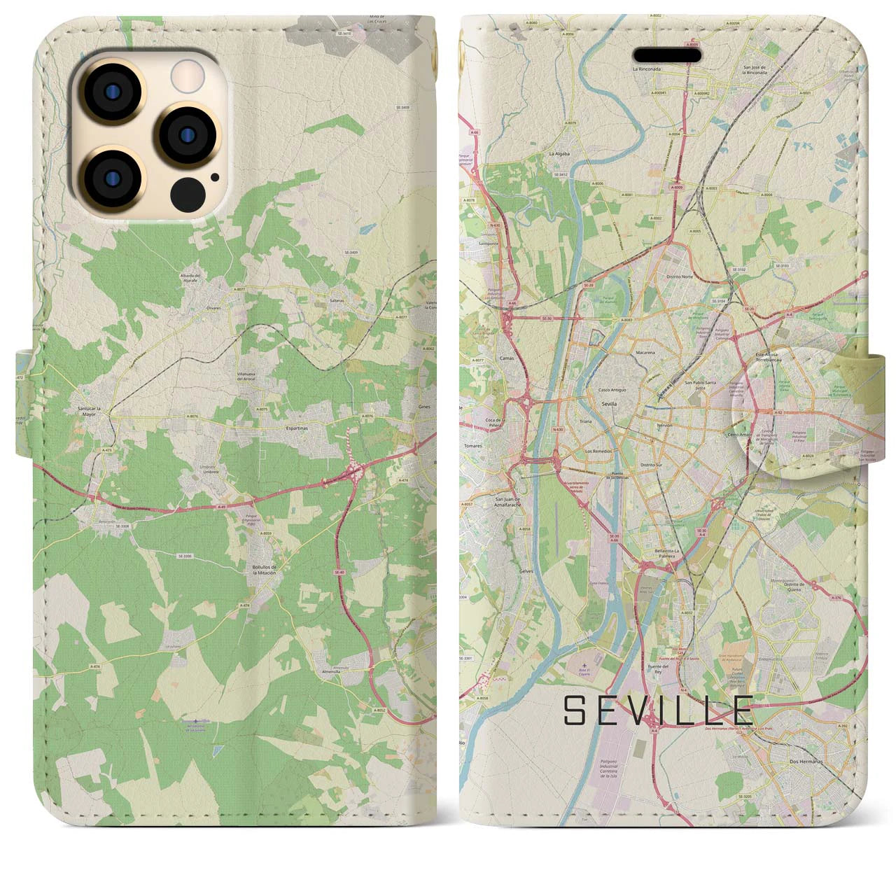 【セビリア(スペイン)】地図柄iPhoneケース(手帳タイプ)ナチュラル・iPhone 12 Pro Max 用