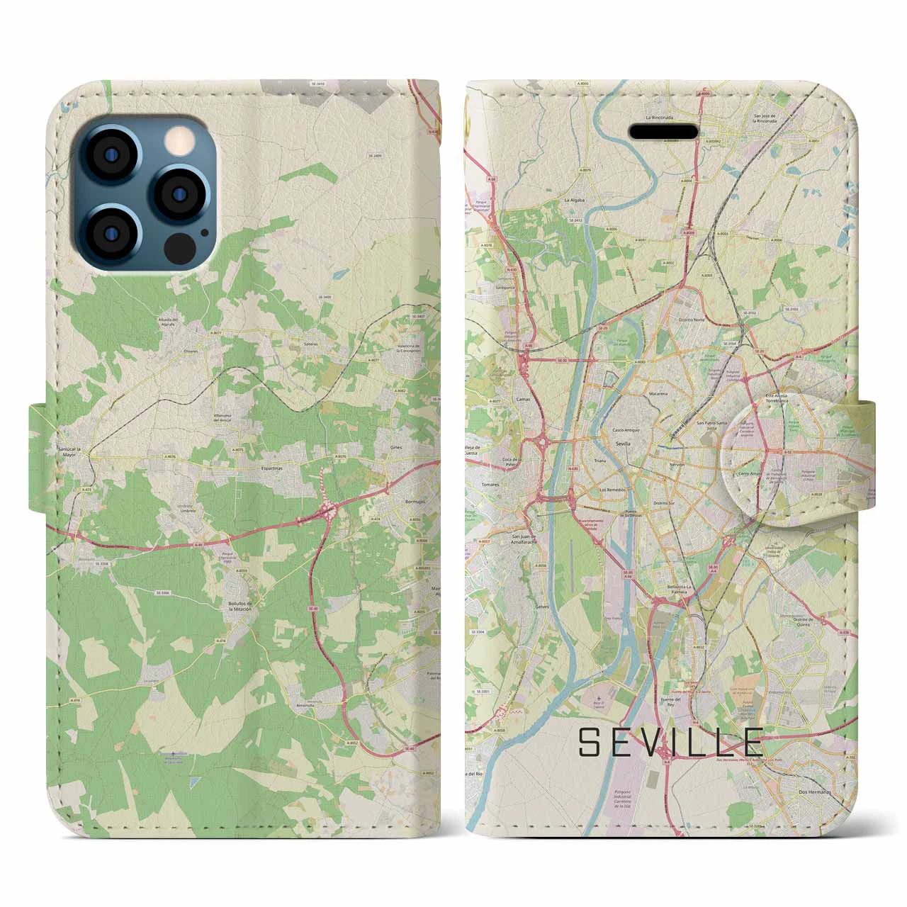 【セビリア(スペイン)】地図柄iPhoneケース(手帳タイプ)ナチュラル・iPhone 12 / 12 Pro 用