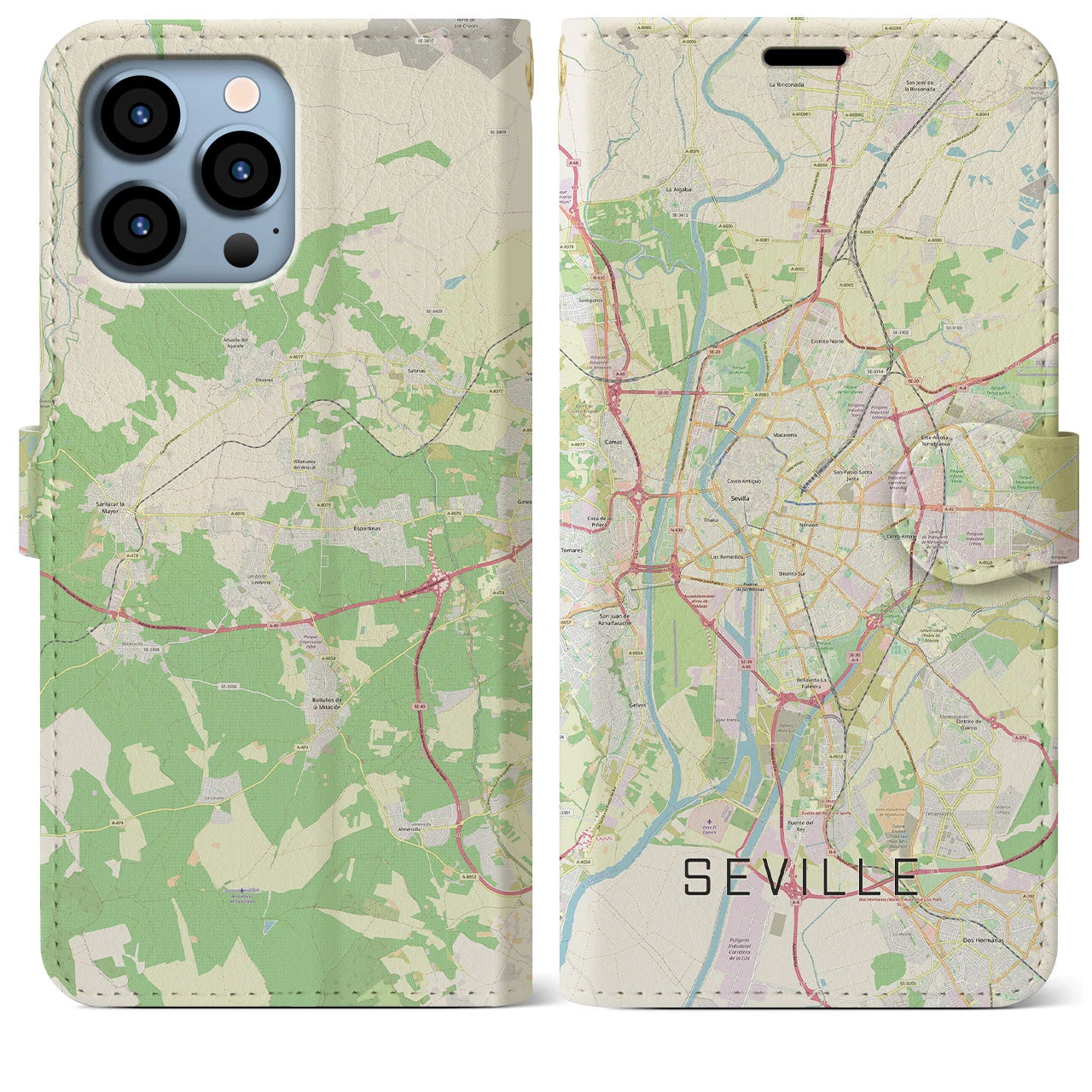 【セビリア(スペイン)】地図柄iPhoneケース(手帳タイプ)ナチュラル・iPhone 13 Pro Max 用