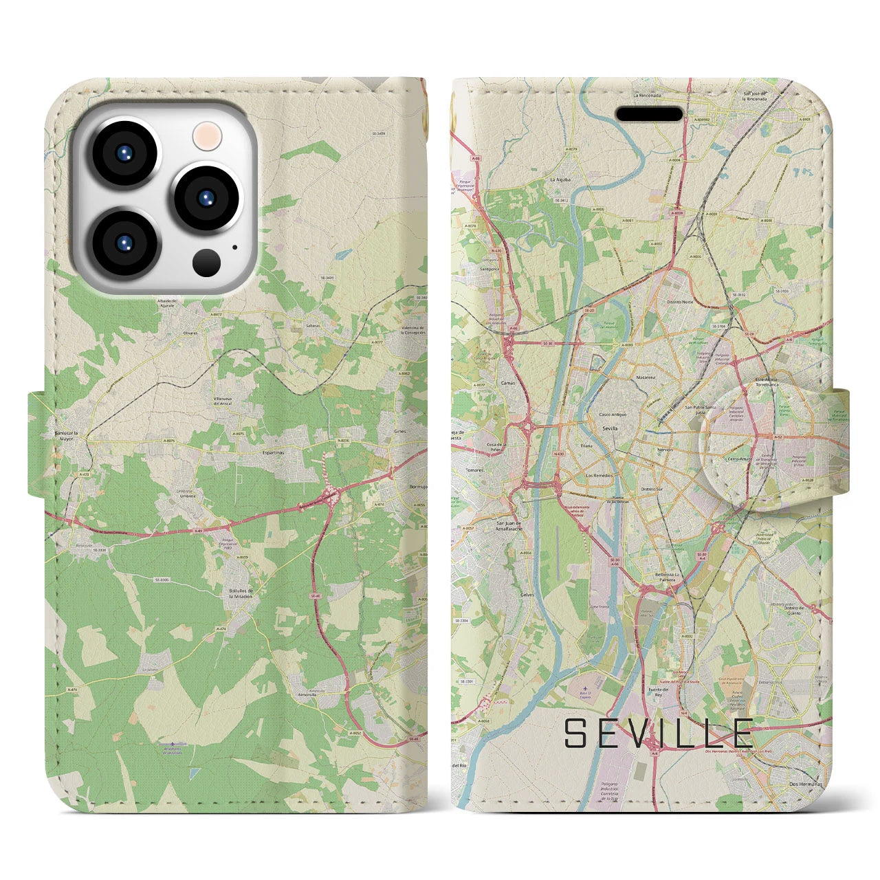 【セビリア(スペイン)】地図柄iPhoneケース(手帳タイプ)ナチュラル・iPhone 13 Pro 用