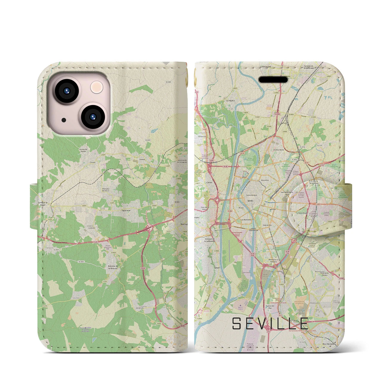 【セビリア(スペイン)】地図柄iPhoneケース(手帳タイプ)ナチュラル・iPhone 13 mini 用