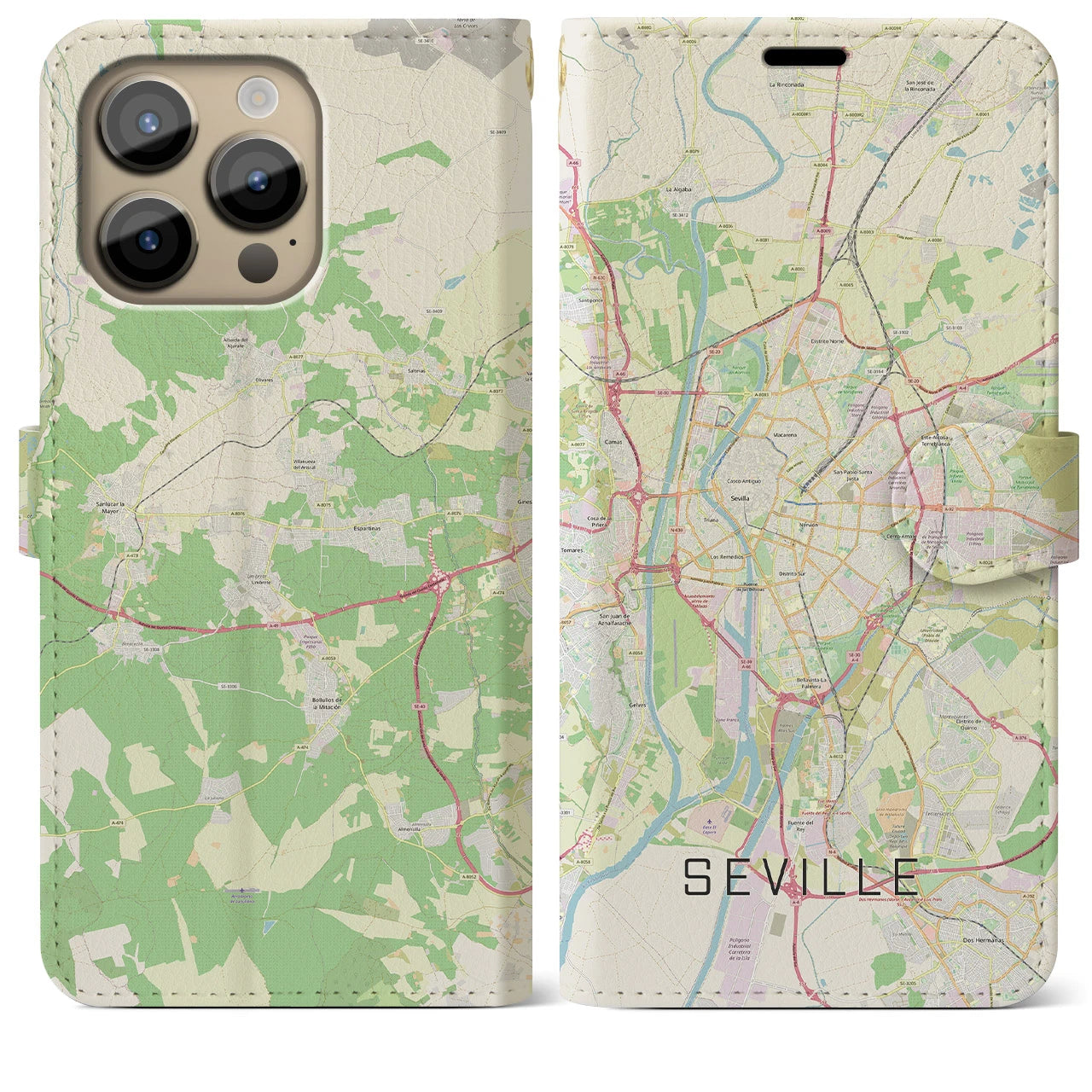 【セビリア(スペイン)】地図柄iPhoneケース(手帳タイプ)ナチュラル・iPhone 14 Pro Max 用