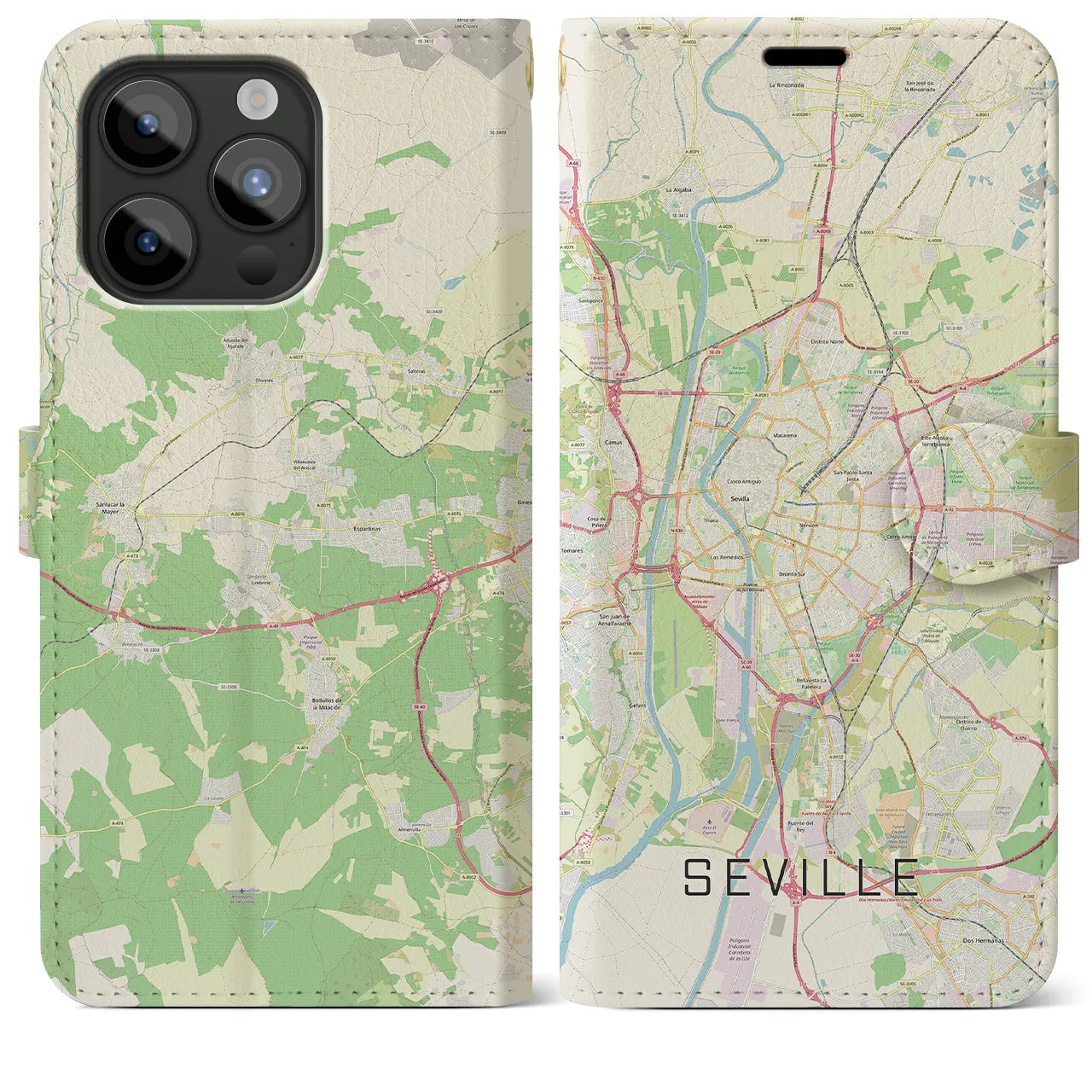 【セビリア(スペイン)】地図柄iPhoneケース(手帳タイプ)ナチュラル・iPhone 15 Pro Max 用