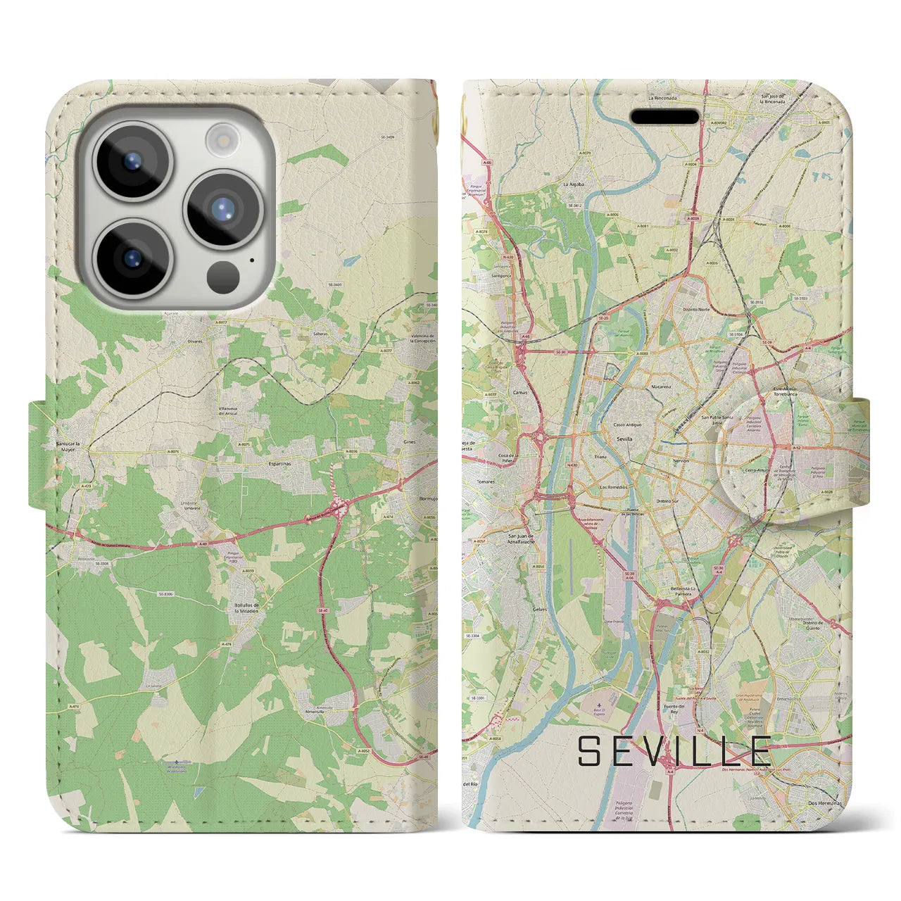 【セビリア(スペイン)】地図柄iPhoneケース(手帳タイプ)ナチュラル・iPhone 15 Pro 用