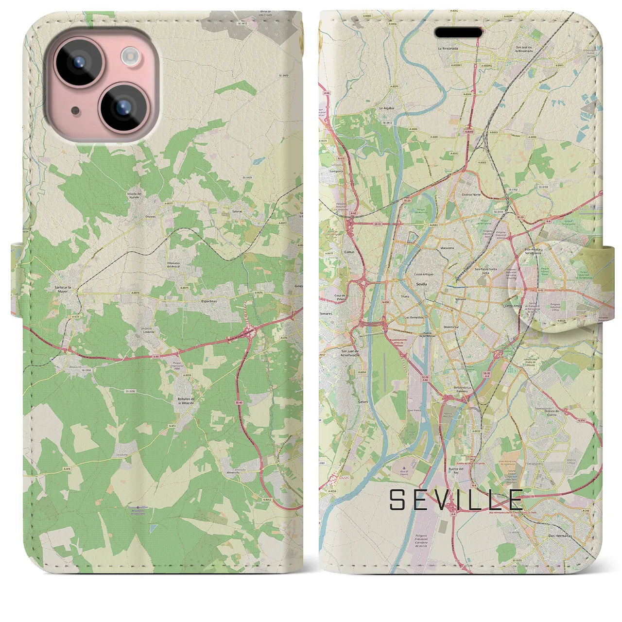 【セビリア(スペイン)】地図柄iPhoneケース(手帳タイプ)ナチュラル・iPhone 15 Plus 用