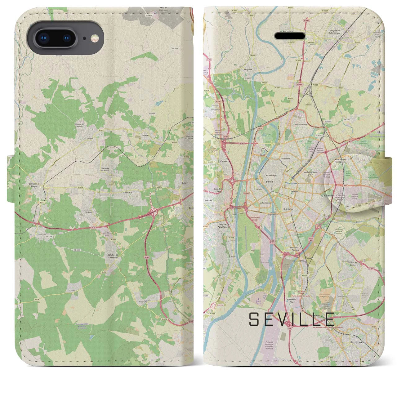 【セビリア(スペイン)】地図柄iPhoneケース(手帳タイプ)ナチュラル・iPhone 8Plus /7Plus / 6sPlus / 6Plus 用