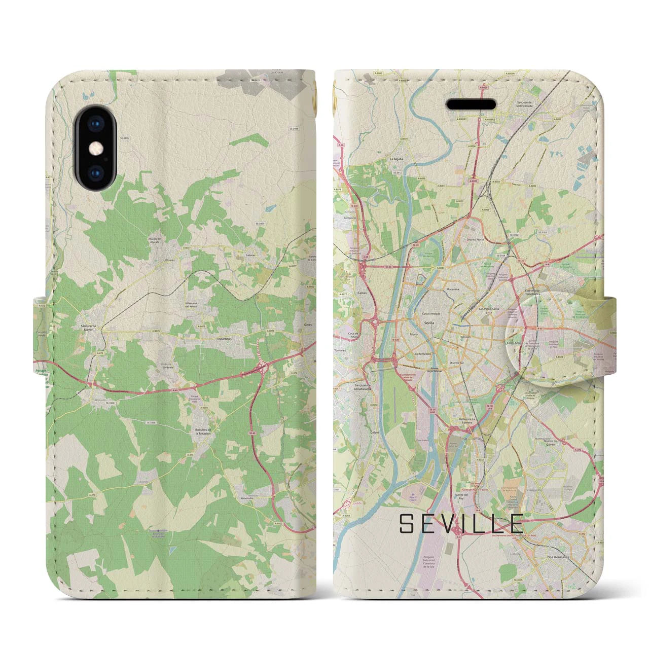 【セビリア(スペイン)】地図柄iPhoneケース(手帳タイプ)ナチュラル・iPhone XS / X 用