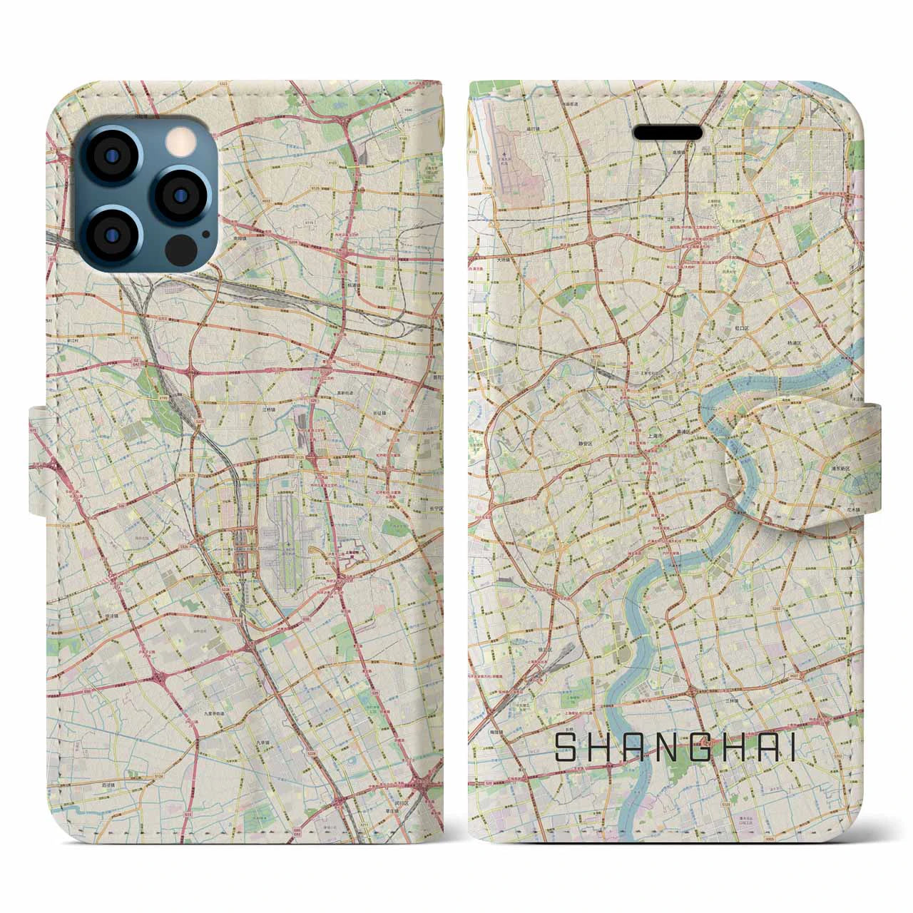 【上海(中華人民共和国)】地図柄iPhoneケース(手帳タイプ)ナチュラル・iPhone 12 / 12 Pro 用