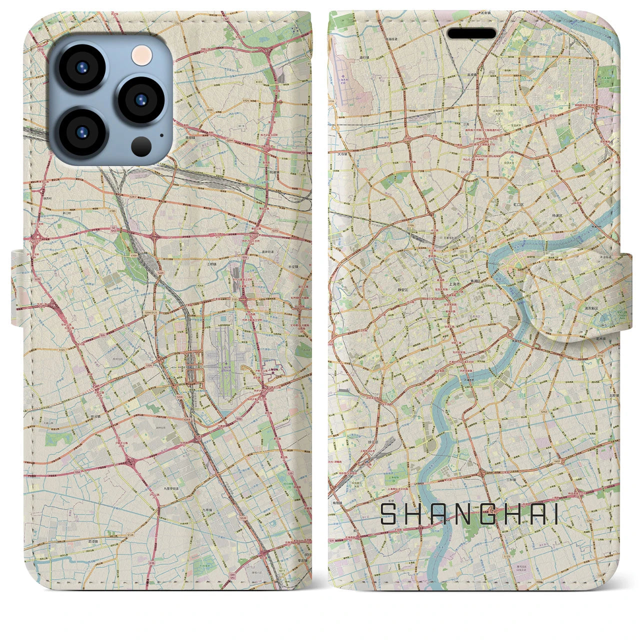 【上海(中華人民共和国)】地図柄iPhoneケース(手帳タイプ)ナチュラル・iPhone 13 Pro Max 用
