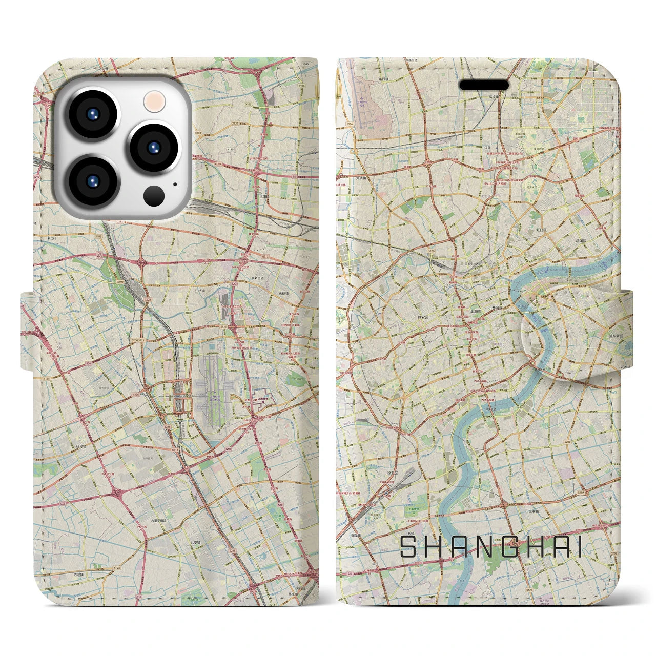 【上海(中華人民共和国)】地図柄iPhoneケース(手帳タイプ)ナチュラル・iPhone 13 Pro 用