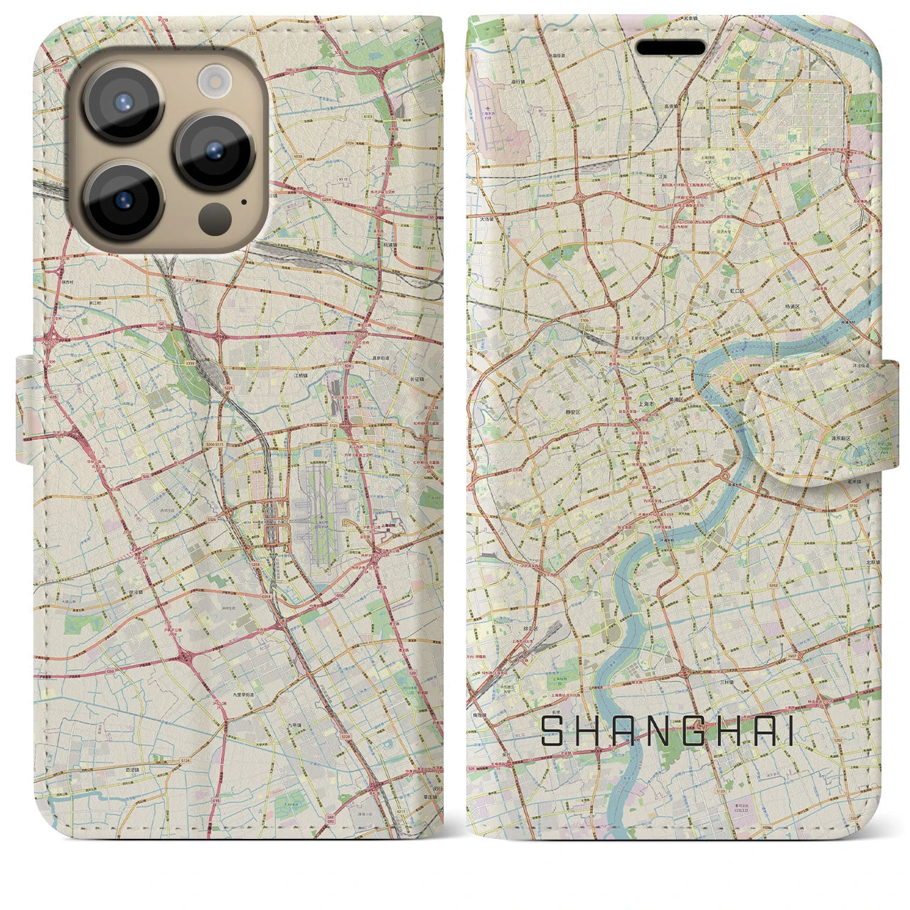【上海(中華人民共和国)】地図柄iPhoneケース(手帳タイプ)ナチュラル・iPhone 14 Pro Max 用