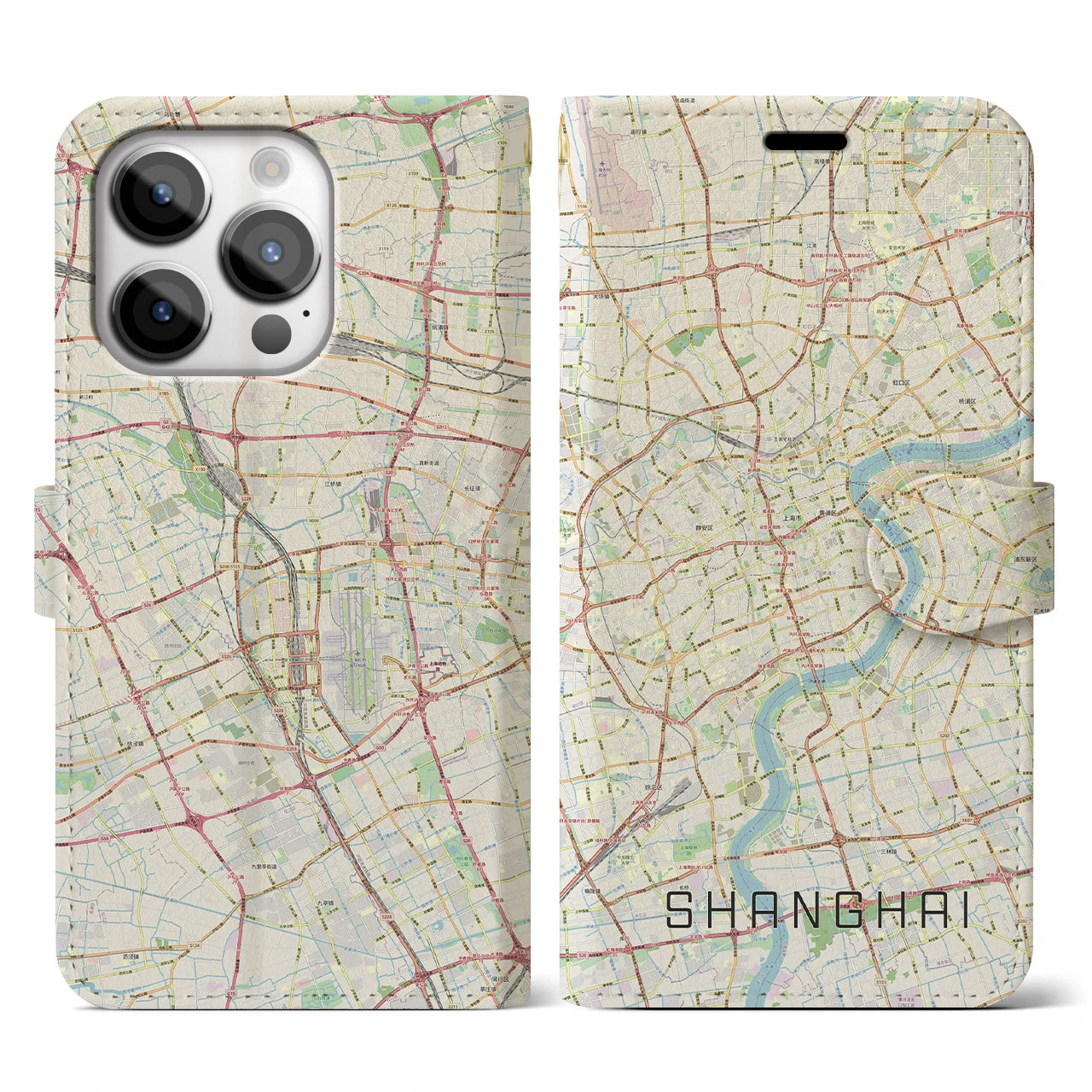 【上海(中華人民共和国)】地図柄iPhoneケース(手帳タイプ)ナチュラル・iPhone 14 Pro 用