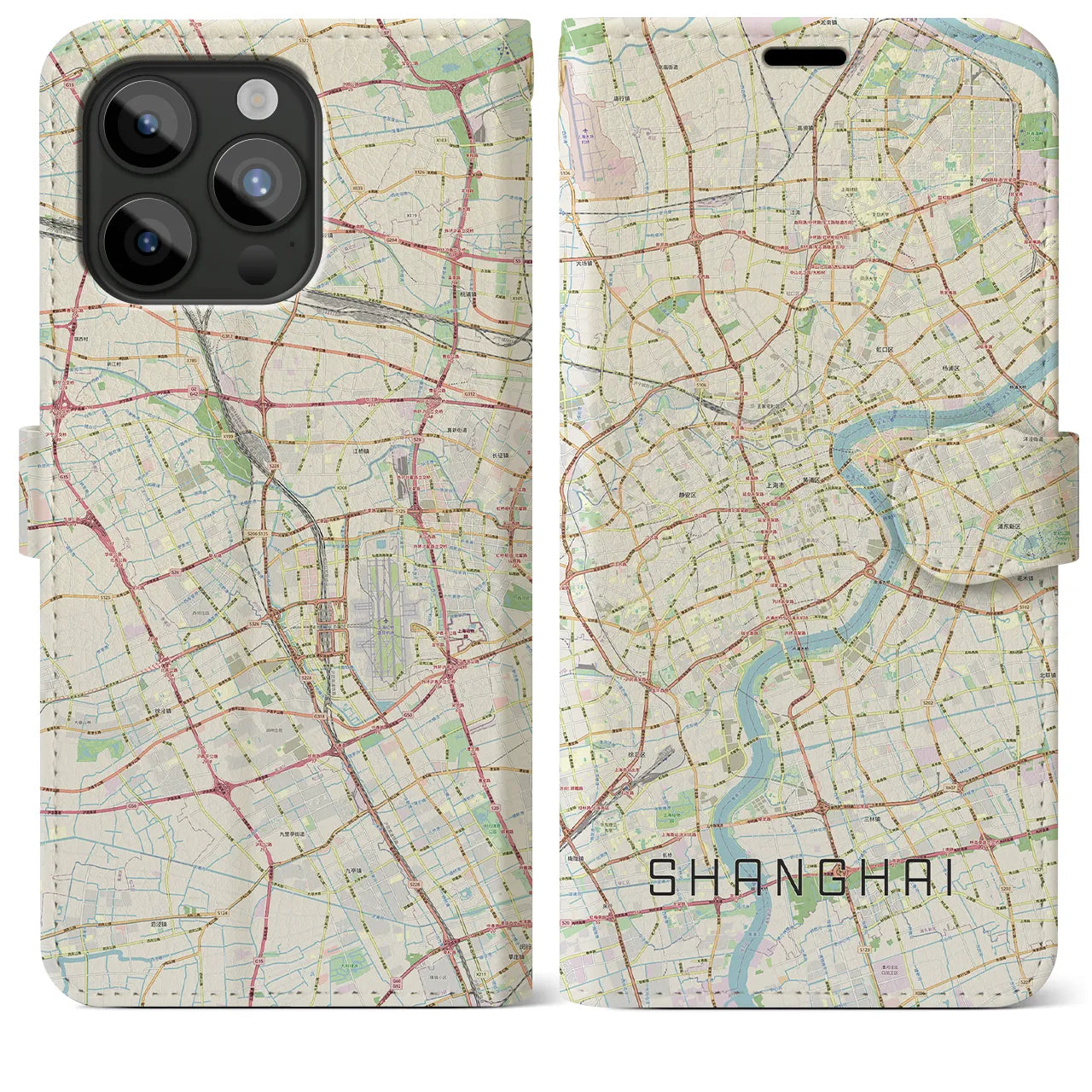 【上海(中華人民共和国)】地図柄iPhoneケース(手帳タイプ)ナチュラル・iPhone 15 Pro Max 用