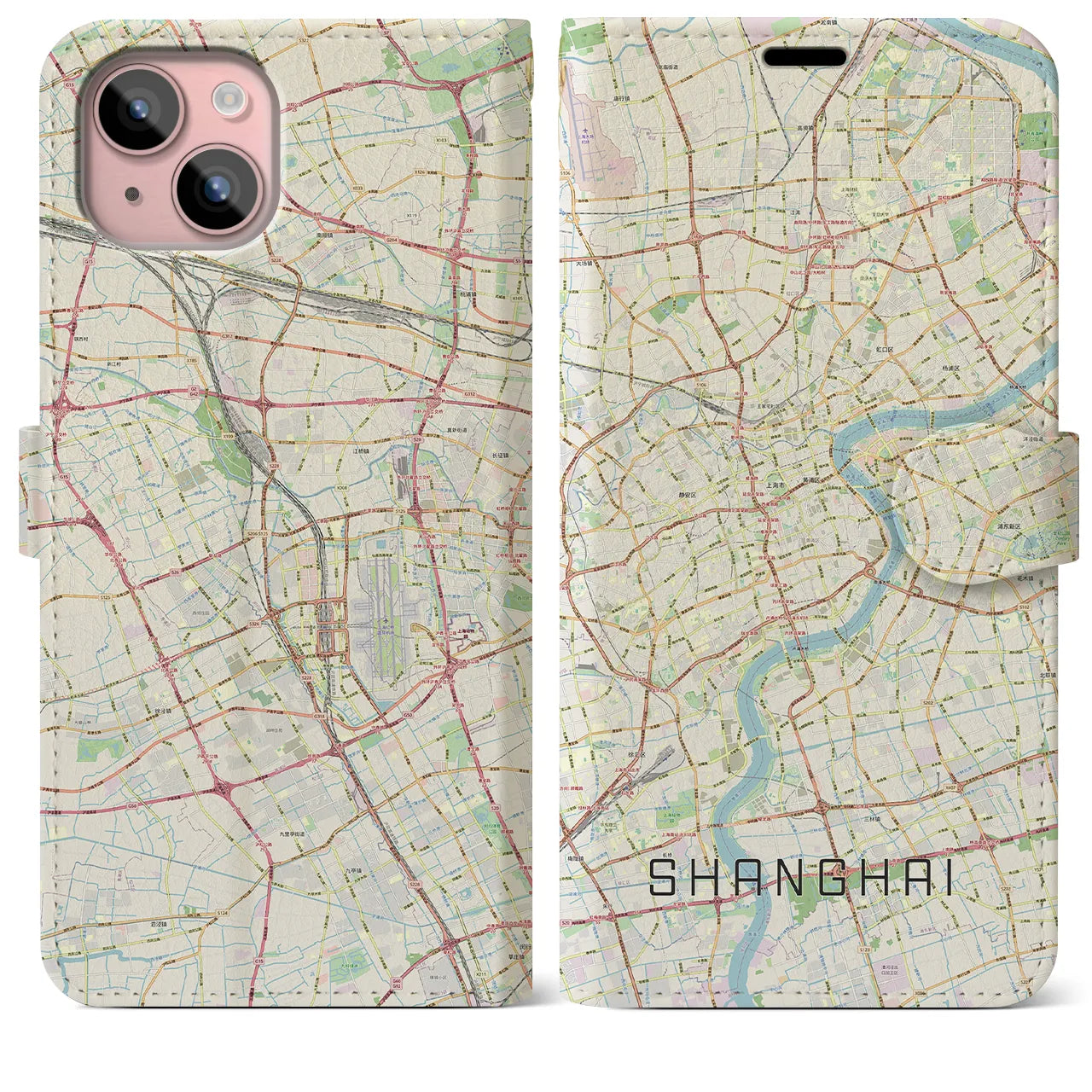 【上海(中華人民共和国)】地図柄iPhoneケース(手帳タイプ)ナチュラル・iPhone 15 Plus 用