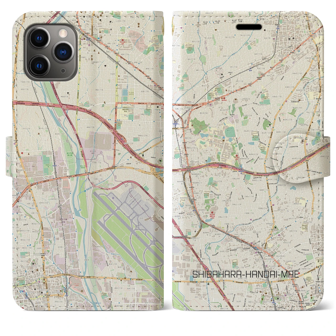 【柴原阪大前(大阪府)】地図柄iPhoneケース(手帳タイプ)ナチュラル・iPhone 11 Pro Max 用
