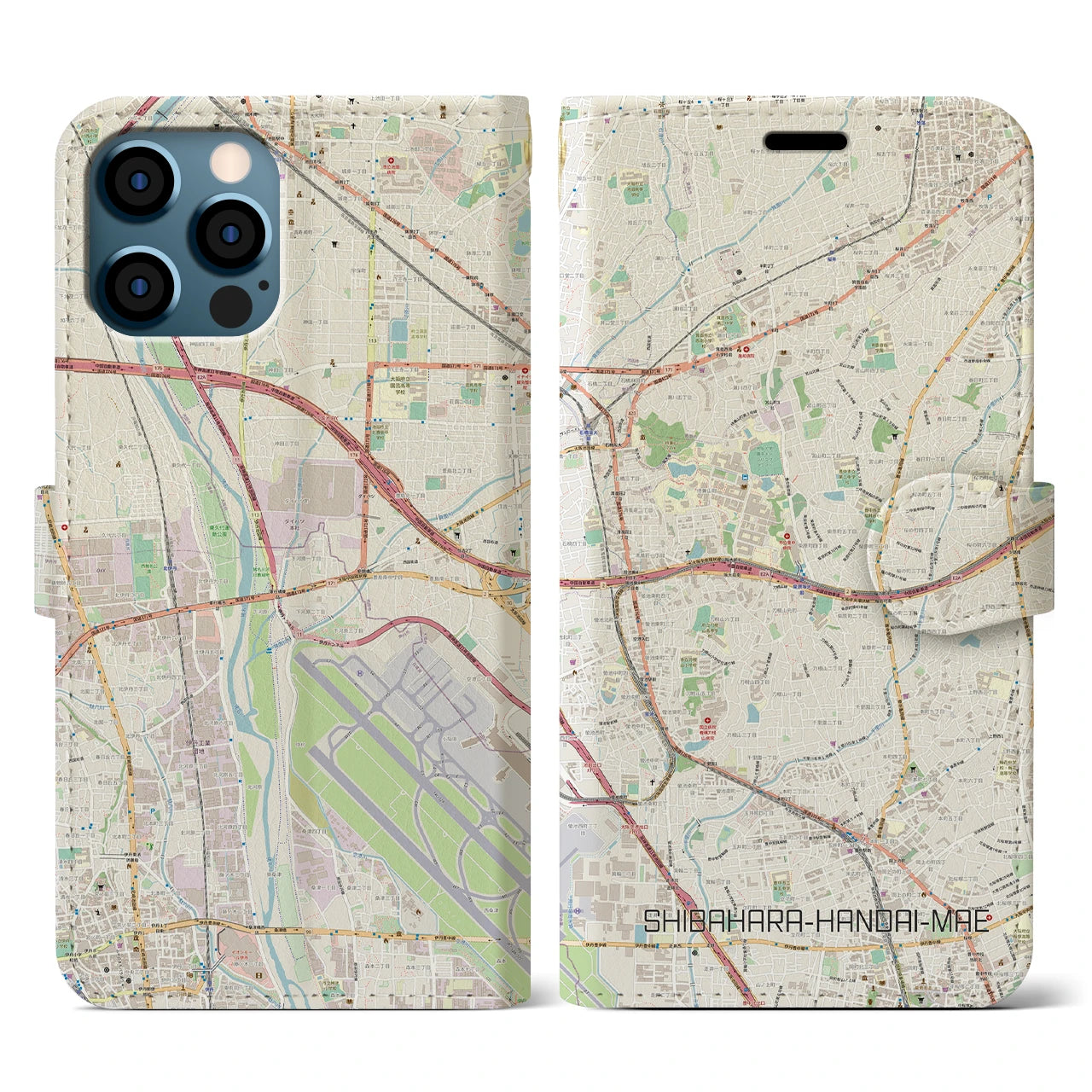 【柴原阪大前(大阪府)】地図柄iPhoneケース(手帳タイプ)ナチュラル・iPhone 12 / 12 Pro 用